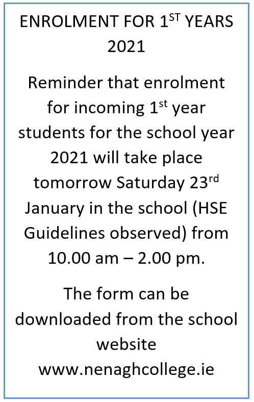 REMINDER: ENROLMENT FOR 1ST YEAR STUDENTS 2021 – Nenagh College